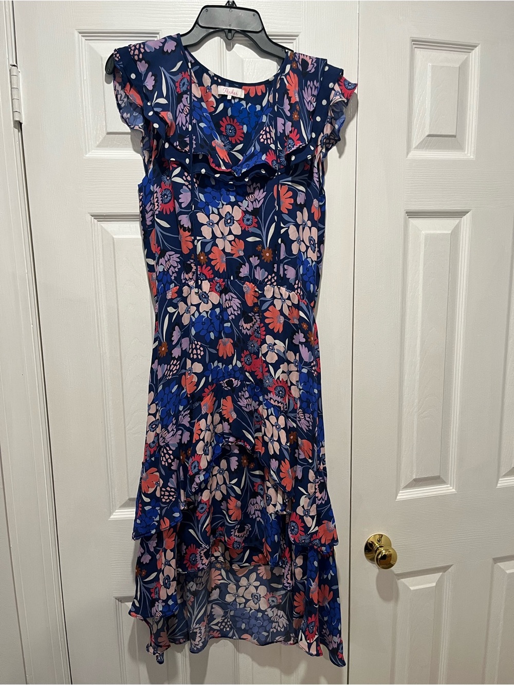 Parker 100% Silk Navy Blue Floral High-Low Ruffle Dress